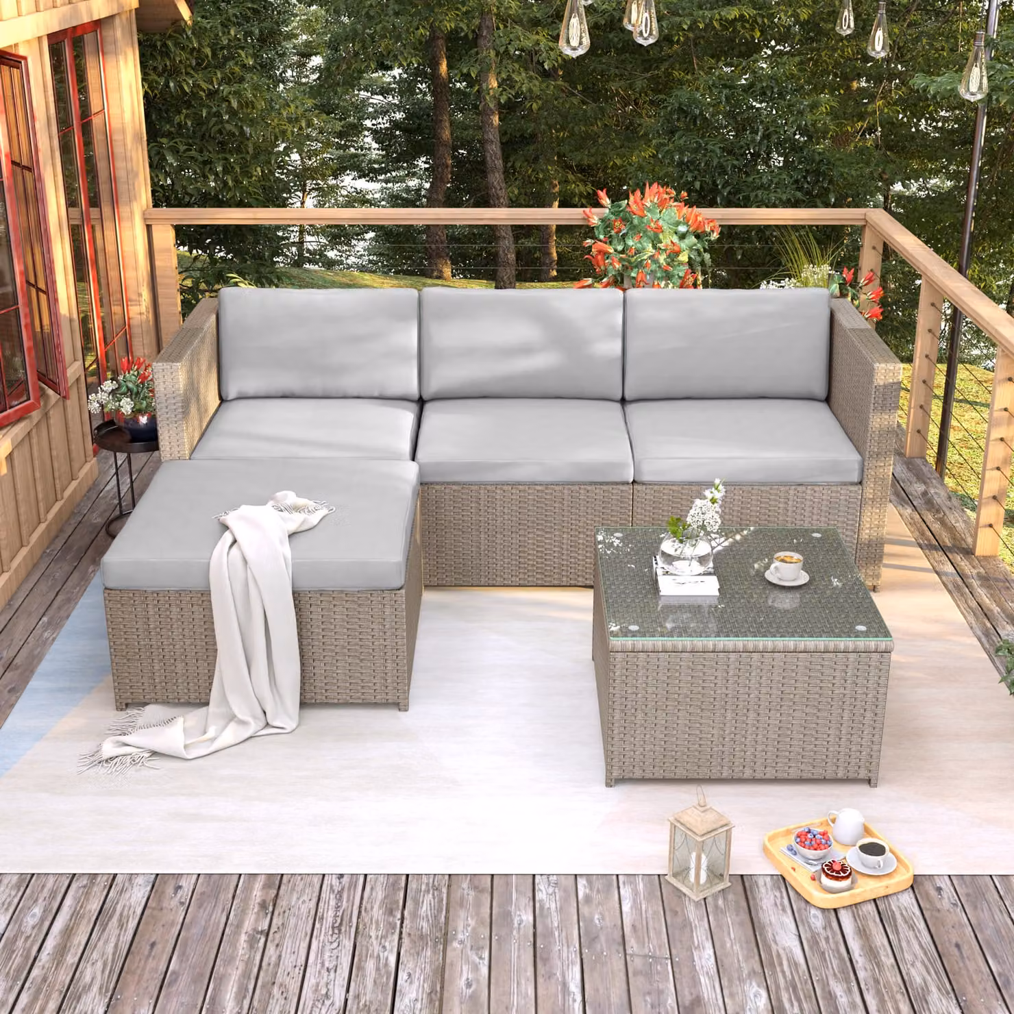 Merax lounge in polyrattan Set di 5 pezzi per mobili da giardino, divano angolare, gruppo di sedute con divano, tavolo e sgabello, salotto da giardino per 3-4 persone, kaki