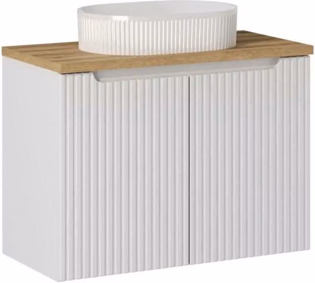 Set da bagno VANO bianco 80cm: mobile sotto lavabo con armadietti + piano per lavabo + lavabo da appoggio bianco scanalato