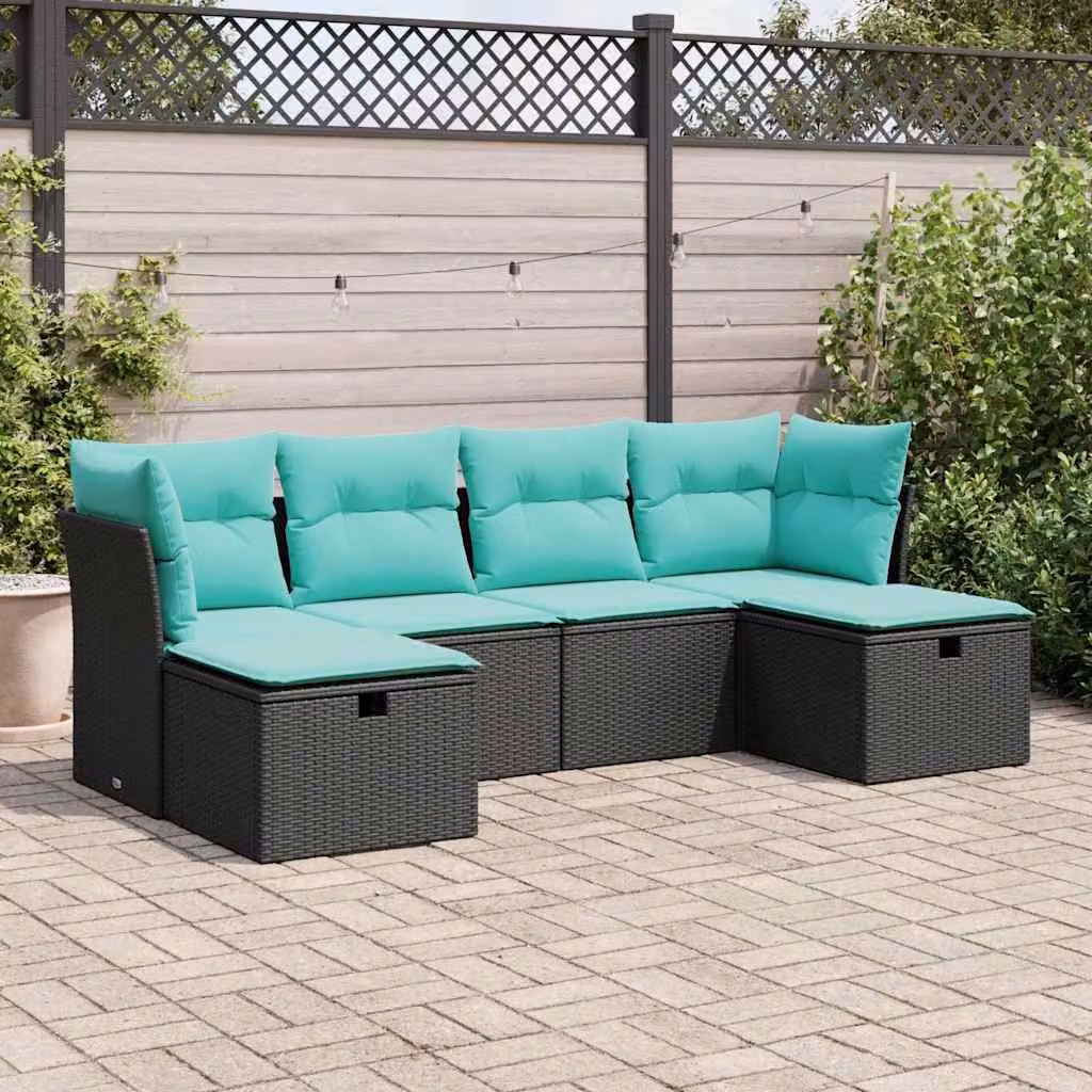 Set Divano da Giardino vidaXL 6 pz a Forma a L con Cuscini, Polyrattan e Struttura in Acciaio Verniciato a Polvere, Nero
