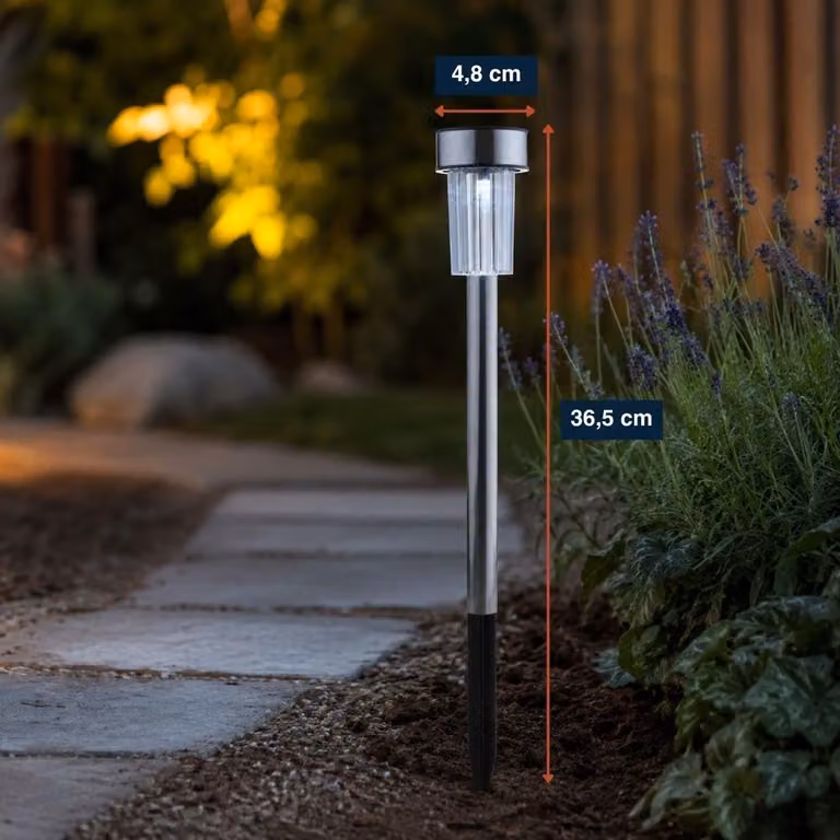Grundig Solar luci da giardino 10 pezzi - Luci solari con luce bianca - durata della batteria 6-8 ore - resistente all'acqua IP44 - Ø4,8 x 36,5 cm - acciaio inox