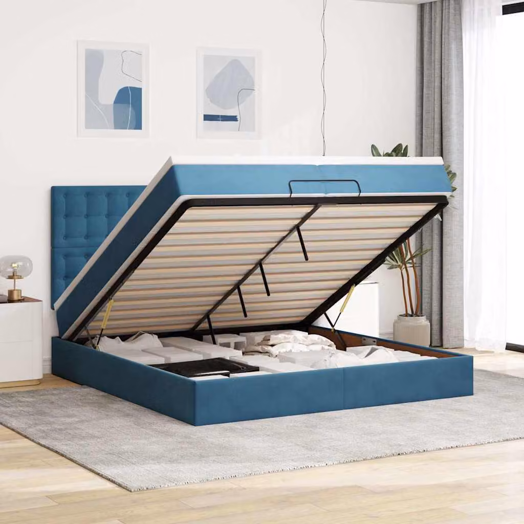Maison Exclusive - Letto a pouf con materassi e luci LED, blu scuro, 200x200 cm, velluto
