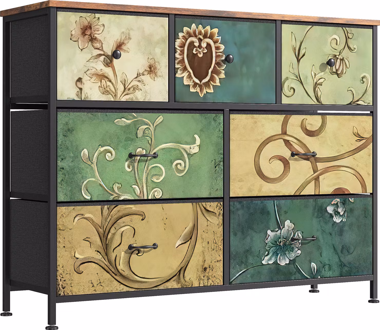Fortuna Lai cassettiera a 7 cassetti bohémien con piano in legno cassetti in tessuto struttura in metallo cassettiera a torre organizer per soggiorno cameretta camera da letto corridoio