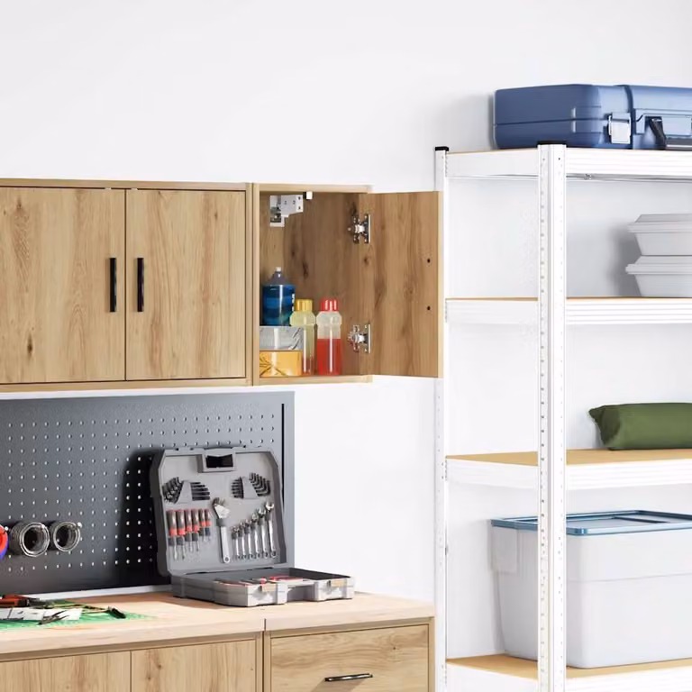 Pensile da garage vidaXL in legno rovere marrone con ante a battente e ripiani interni