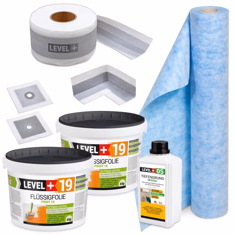Kit per l'impermeabilizzazione: membrana liquida 8 kg, nastro 5 metri, primer 1 litro, guarnizioni Level+ SET506