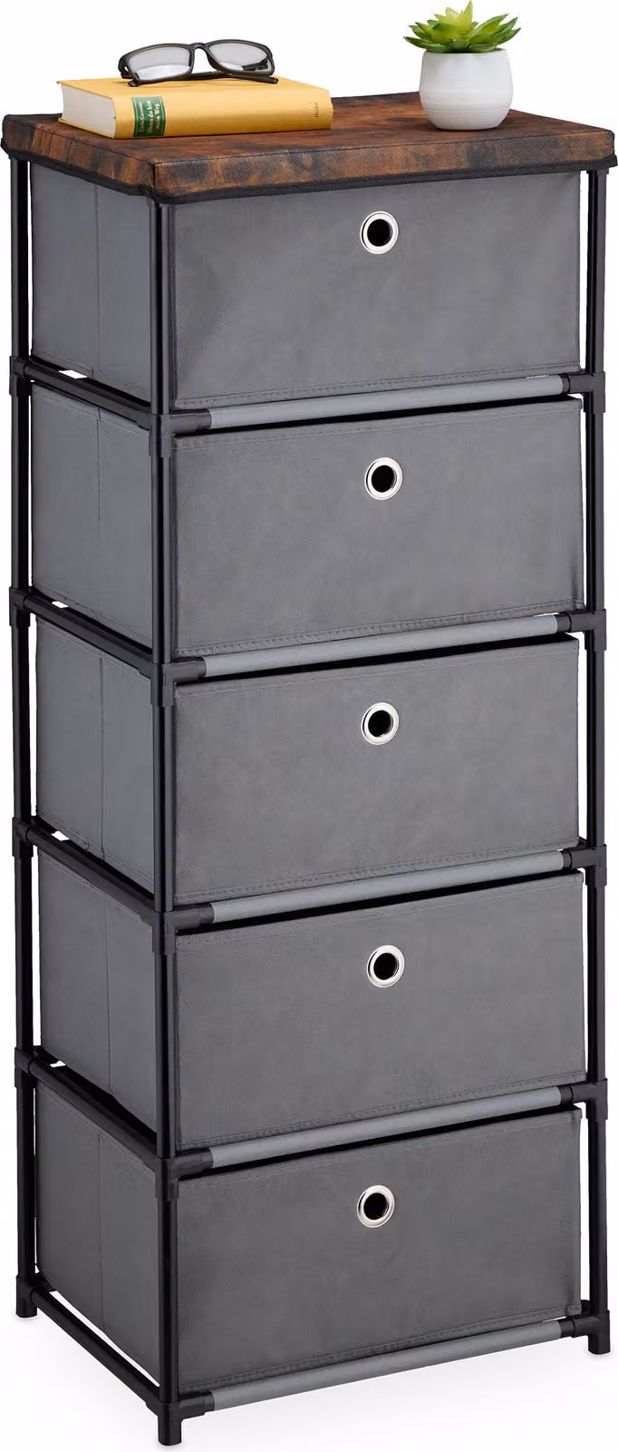 Comodino Relaxdays, 5 cassetti in tessuto, metallo, effetto legno, 105 x 43 x 33 cm, soggiorno, ingresso, comodino, grigio/marrone