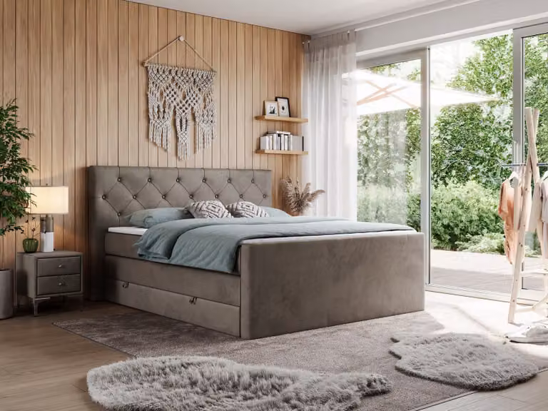 Letto matrimoniale con materasso Multipocket e coprimaterasso, letto boxspring con cassetti - KING VELEN - 120x200 cm - Marrone - H3
