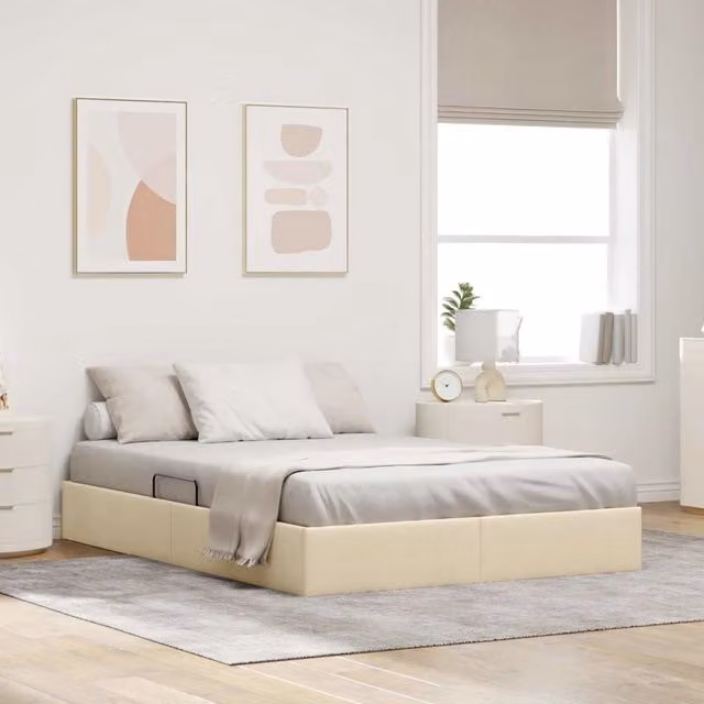 Letto ottomano moderno vidaXL con contenitore a sollevamento in tessuto beige L 140 x P 200 cm