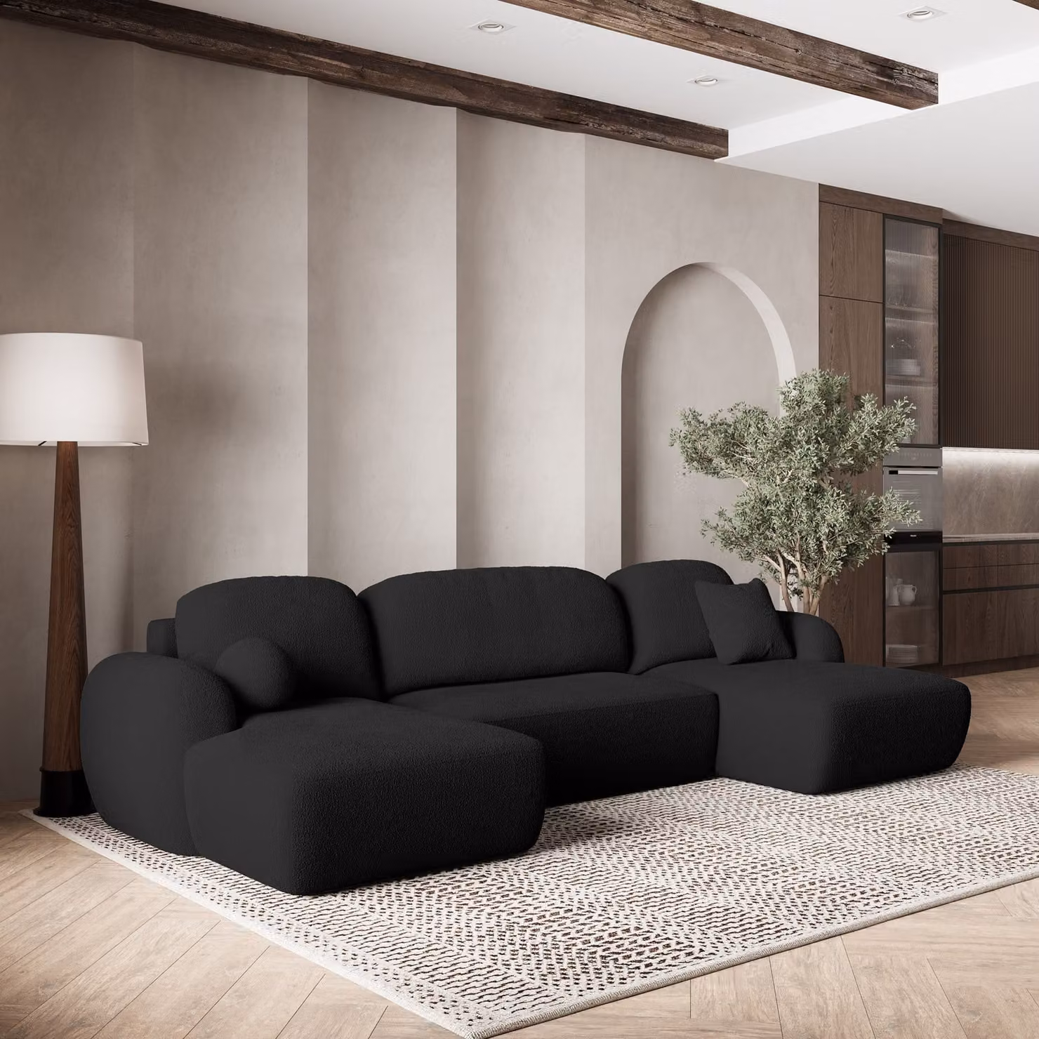 Divano angolare SAVONA N di Masseno con funzione letto a U, divano con box letto, divano da salotto, divano, divano letto, set di divani - nero, ORA O MAI PIÙ 100