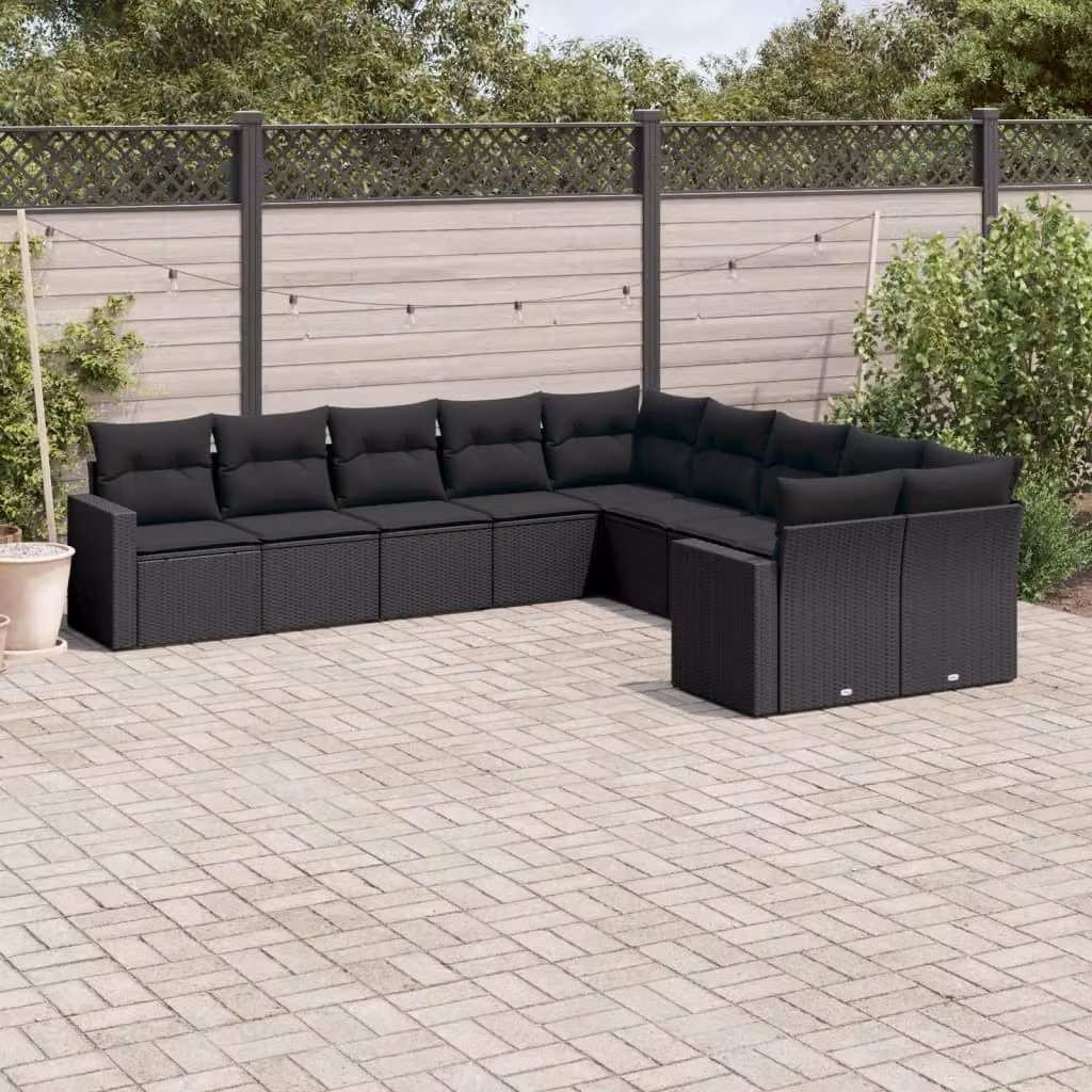 Set di Divani da Giardino vidaXL 10 Pezzi in Polyrattan Nero con Cuscini Imbottiti e Rivestimenti Rimovibili – 1