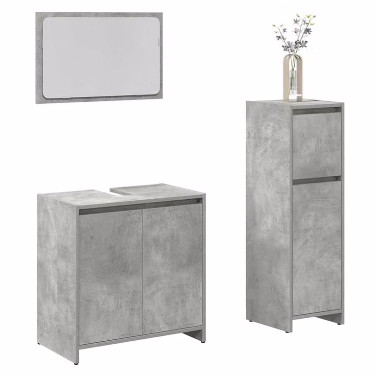 Set di mobili da bagno vidaXL 3 pezzi in legno e vetro Grigio opaco con mobile lavabo, armadietto con specchio e mobile laterale sospeso