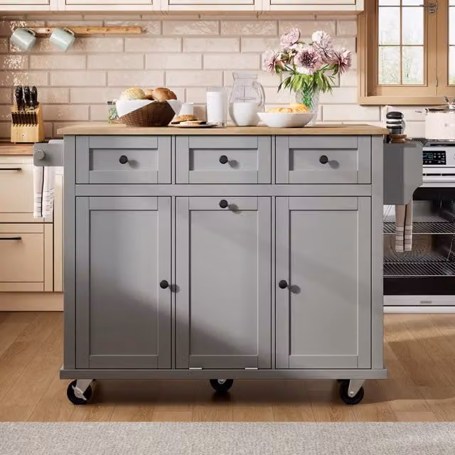 Desviae Isola da cucina con piano estraibile vano rifiuti cassetti e ruote MDF naturale e grigio 112 × 46,2–76,2 × 92,7 cm