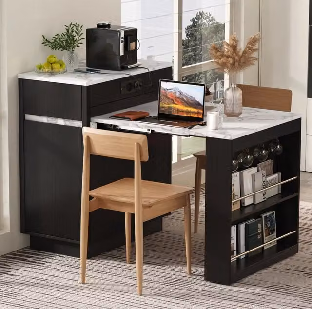 Isola da cucina ULEVR 58-154x80,5x94 cm con piano estraibile, LED e ricarica USB/Type-C, nera effetto marmo bianco