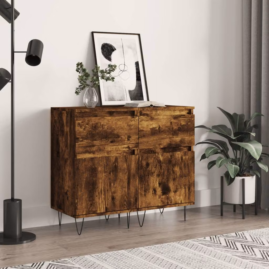 Set di 2 credenze moderne vidaXL in legno multistrato e metallo, colore rovere fumo, L 40 cm x P 35 cm x H 70 cm