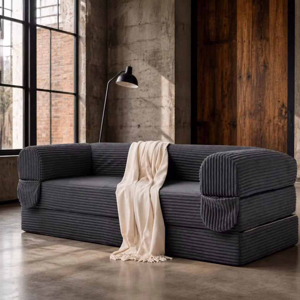 Divano letto Mivray a 2 posti convertibile in letto matrimoniale rivestito in tessuto a coste grigio con braccioli imbottiti – 2