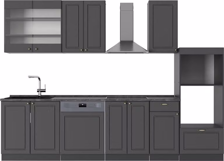 Cucina componibile Vicco Fame-Line Antracite-oro rustico 300 cm con armadio alto, senza piano di lavoro, Model 57094