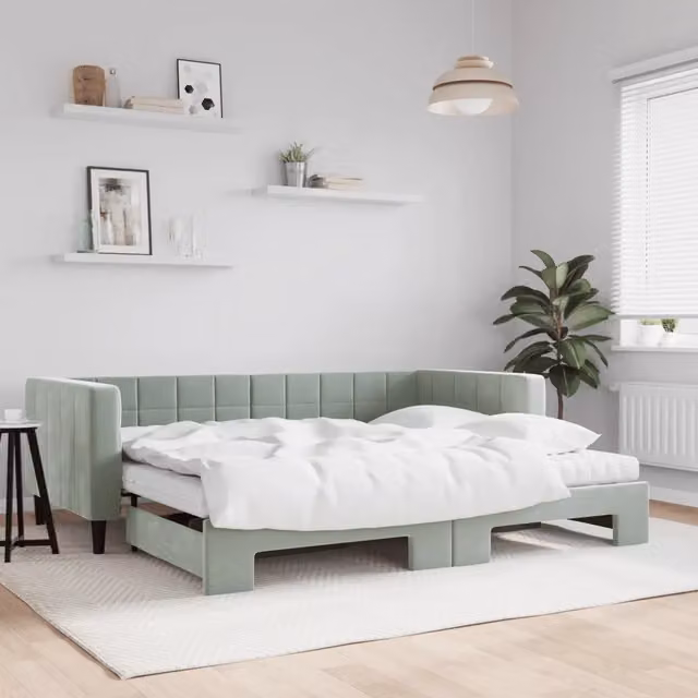 Divano Letto Estraibile vidaXL in Velluto Grigio con Cassetto per Soggiorno e Camera da Letto, Dimensioni: 90 x 190 cm – 1