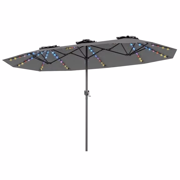Ombrellone doppio da giardino Costway con luci regolabili e manovella, protezione solare resistente, Grigio