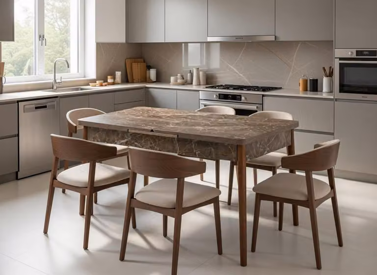Tavolo da pranzo, sala da pranzo, marmo, legno, rettangolare, moderno, marrone, elegante