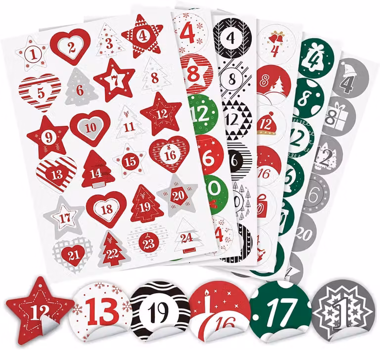 (6 fogli di adesivi, ogni foglio con 24 adesivi) - Adesivi per progetti fai-da-te a tema natalizio, ideali per creare calendari dell'Avvento personalizzati. Include stelle e forme rotonde, dimensioni 4 cm, perfetti per realizzare decorazioni natalizie