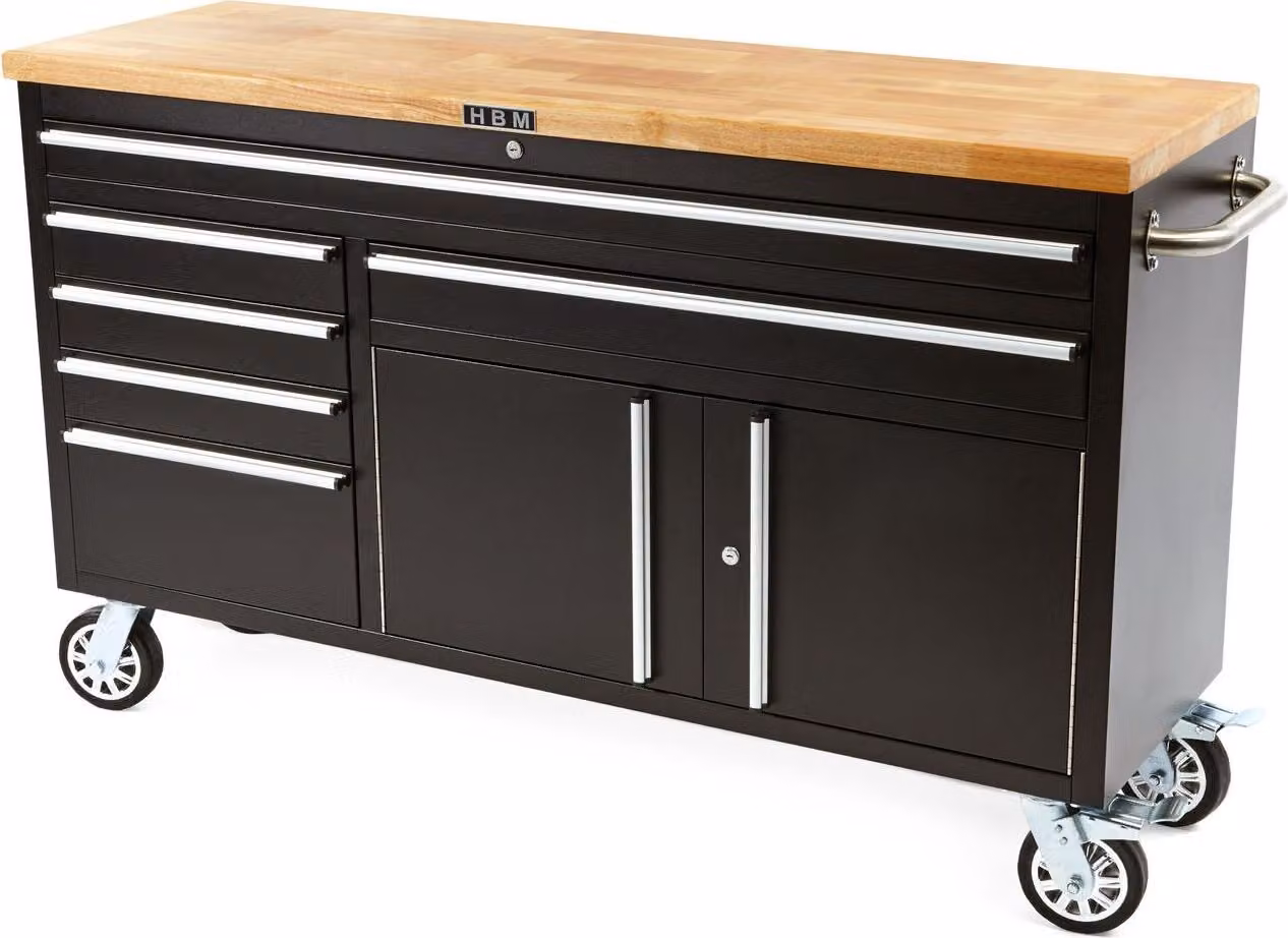 Armadio metallico da officina - carrello - banco da lavoro 152 cm, piano di lavoro in legno massiccio HBM