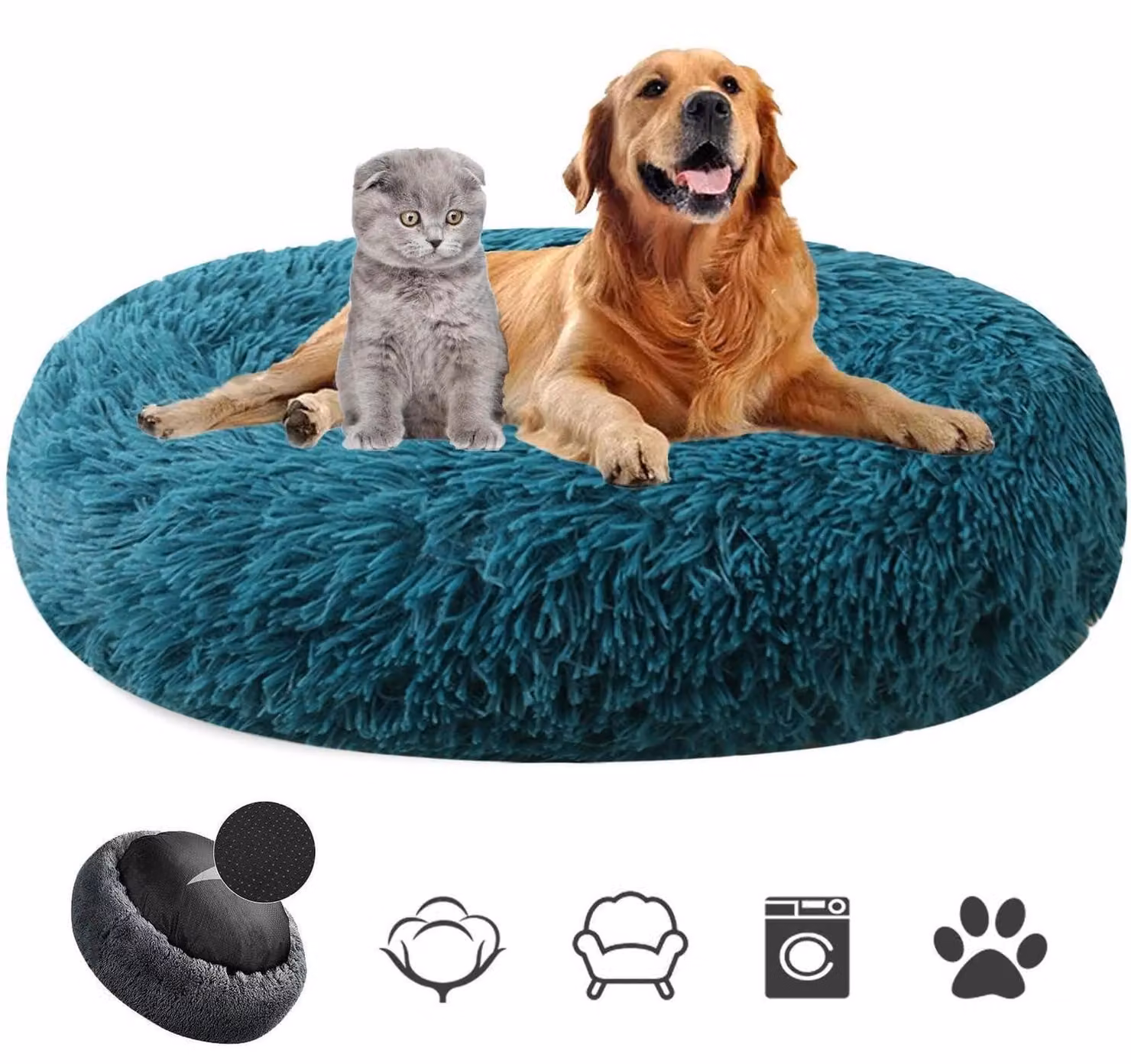 Cuccia rotonda per cani, diametro 70 cm, colore ciano, in peluche, lavabile, antiscivolo. Ideale per cani e gatti