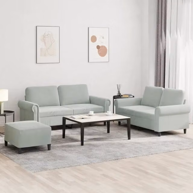 Set di divani 3 pezzi vidaXL in velluto grigio con cuscini per il tuo soggiorno in stile moderno – 1