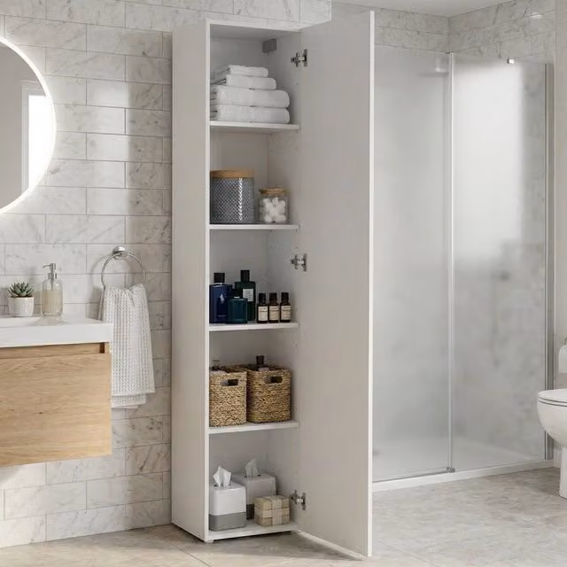Armadio Multiuso DMORA con 1 Anta e 4 Ripiani, Bianco Lucido, L/P/H: 40 x 30 x 180 cm – 1