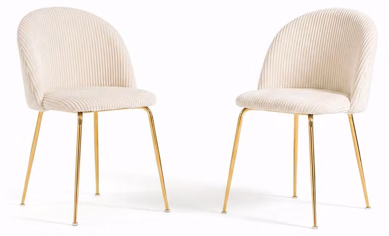 Set di 2 sedie rivestite in velluto corduroy di ampia larghezza, con gambe in metallo, dal design elegante, ideali per la sala da pranzo, la cucina, il bar o i ristoranti. Modello: Sara. Colori: Giallo/Oro