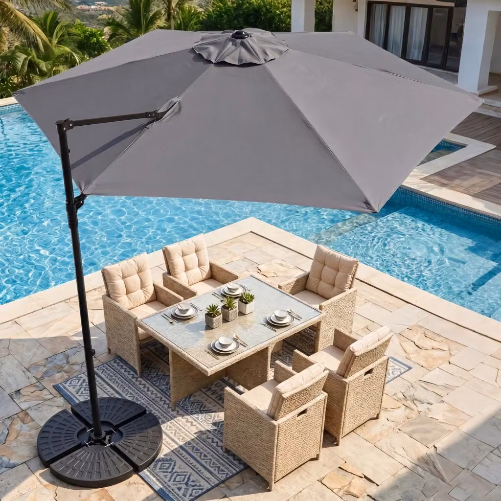 Ombrellone da giardino con rotazione a 360 gradi, palo e costole in metallo e copertura in poliestere, L 3 x L 3 m, Grigio – 2