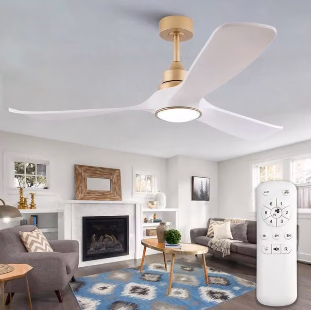 Ventilatore da soffitto 52" bianco-oro con luce, telecomando e motore DC reversibile silenzioso, 3 pale in ABS