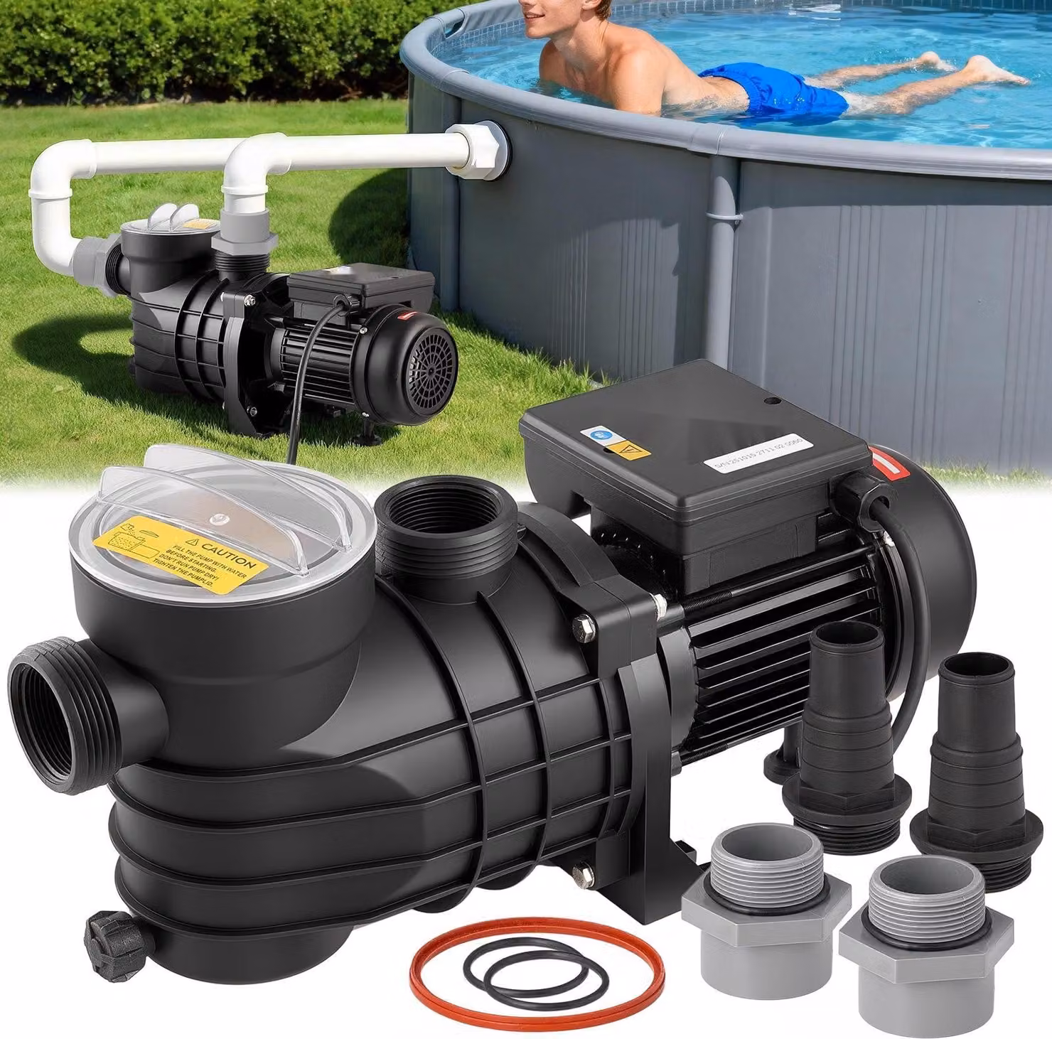 Pompa per piscina - Pompa filtro monostadio - 250 W - Portata 11.700 l/h - Prevalenza 8 m - 2.850 giri/min - Con cestello filtrante e coperchio trasparente - Per piscine fuori terra, piscine e spa