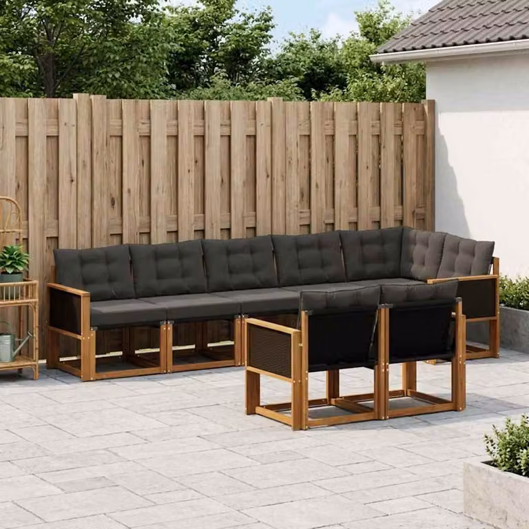 Set di divani da esterno vidaXL 8 pz in legno di acacia e textilene, colore marrone e nero, con cuscini inclusi, design moderno a forma di L per giardino e terrazza
