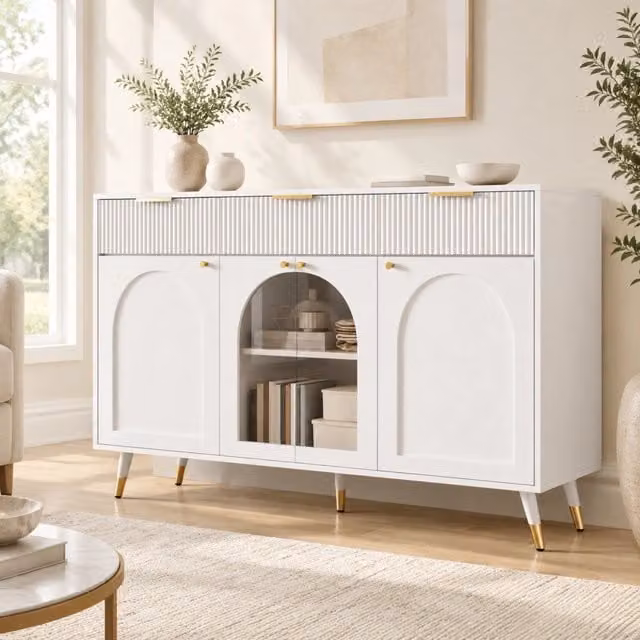 Credenza 140x40x85.5 cm con 4 ante e 3 cassetti in MDF e truciolare bianca