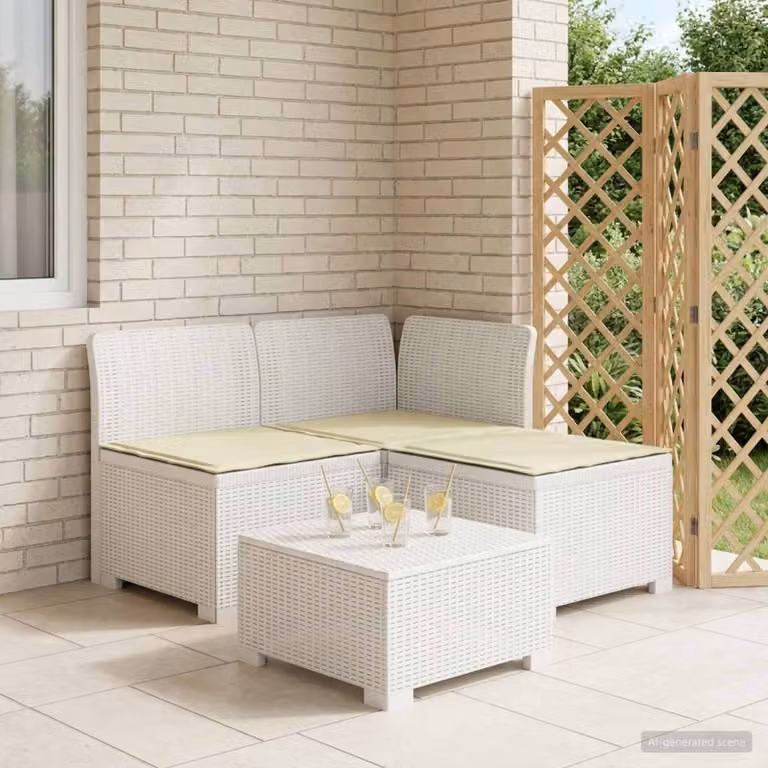 Divano da giardino a L con cuscini vidaXL, design moderno in look rattan bianco, resistente alle intemperie e ai raggi UV