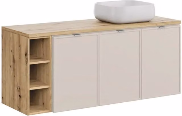 Insieme BRAZZA: mobile sottolavabo con ante 140cm con nicchie a vista + piano per lavabo + lavabo da appoggio quadrato arrotondato