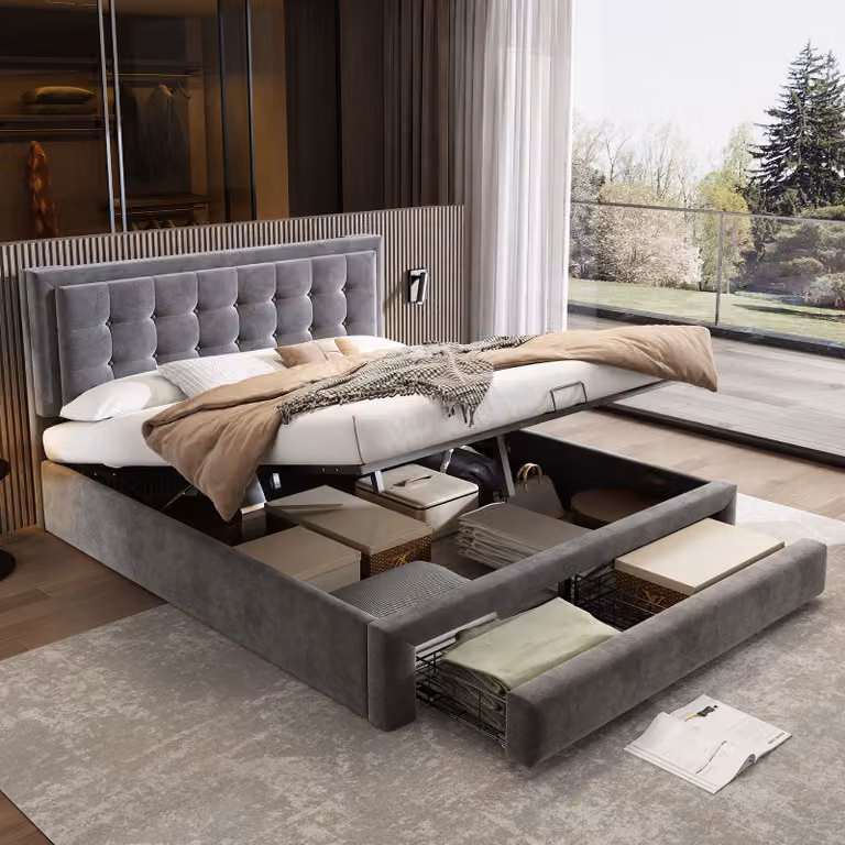 Letto Sweiko con contenitore e cassetti, tessuto in velluto, letto imbottito, rete a doghe, letto matrimoniale, ampio vano contenitore, 160 x 200, grigio