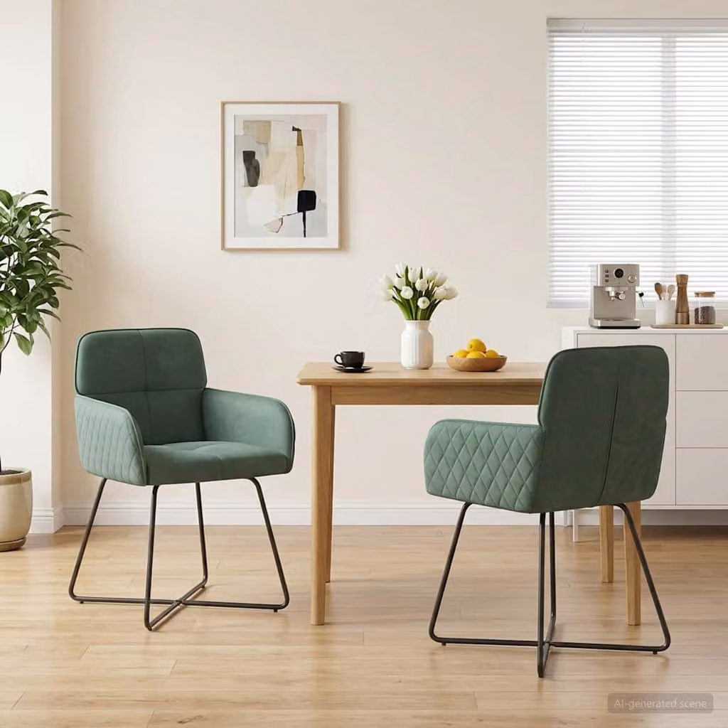 Set di 2 sedie da pranzo vidaXL in velluto verde con struttura in metallo, L: 59 cm, P: 56,5 cm, H: 86 cm