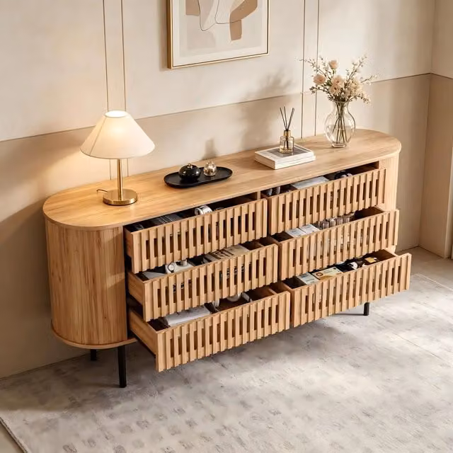 Credenza 160x40x70cm Colore Legno Naturale Mobile con 6 Cassetti per Soggiorno