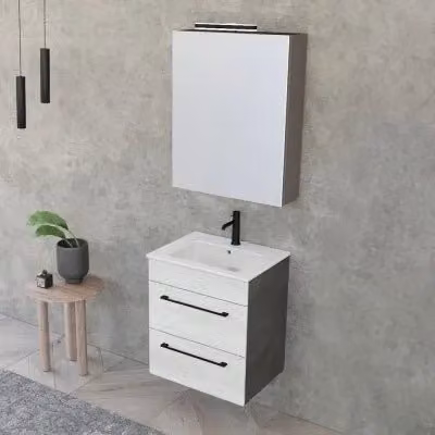 Mobile bagno sospeso Smart INBAGNO bianco e legno lava con lavabo e specchio L: 55 cm, P: 43 cm, H: 62 cm – 1