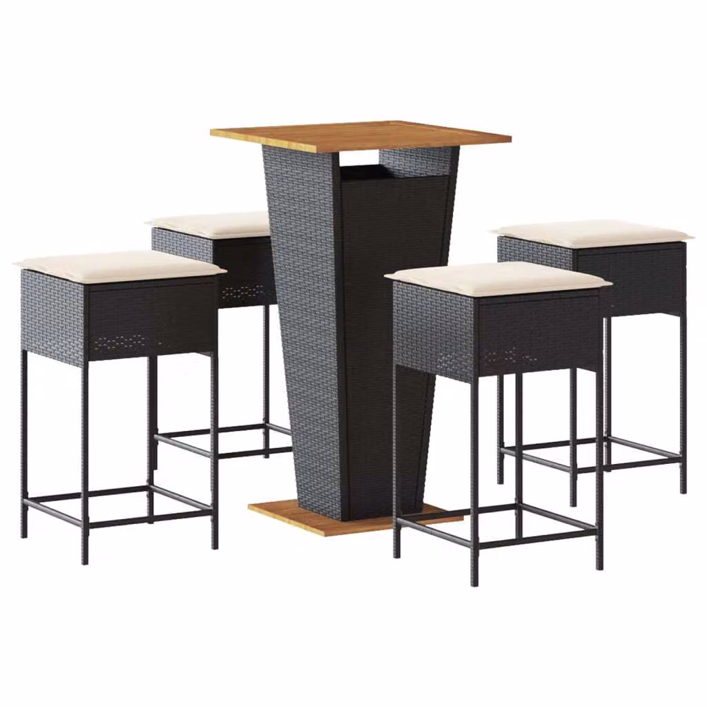 Set Bar da Giardino 5 pz con Cuscini in Polyrattan Nero