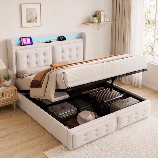 Letto contenitore 160x200 cm beige in cotone e lino, LED, USB C e vano contenitore, senza materasso