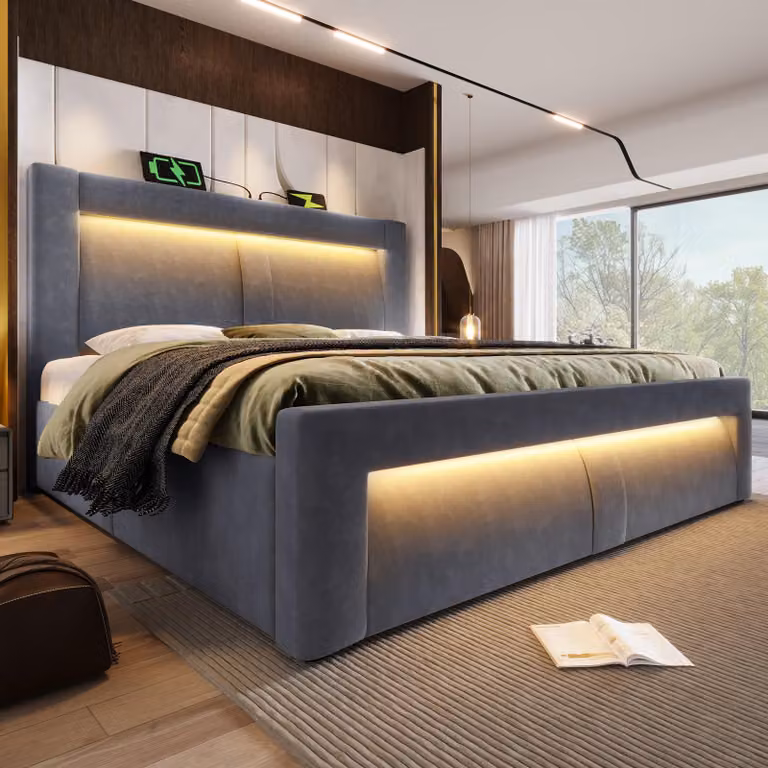 okwish Letto imbottito 140x200 Letto matrimoniale con lampada a LED controllabile tramite app Letto per ragazzi Letto funzionale con porte di ricarica USB e Type-C Letto idraulico con vano contenitore Grigio (senza materasso)