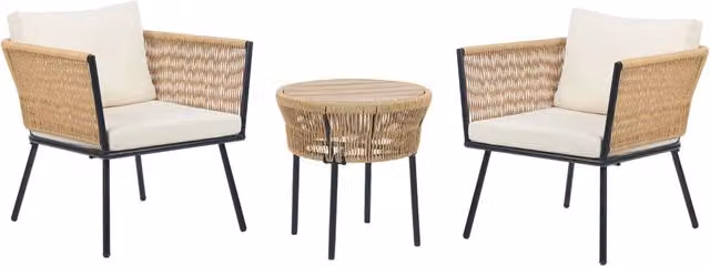 Set Bistro Beliani in Rattan PE e Metallo con Cuscini Staccabili per Giardino e Terrazza, Colore Beige e Bianco