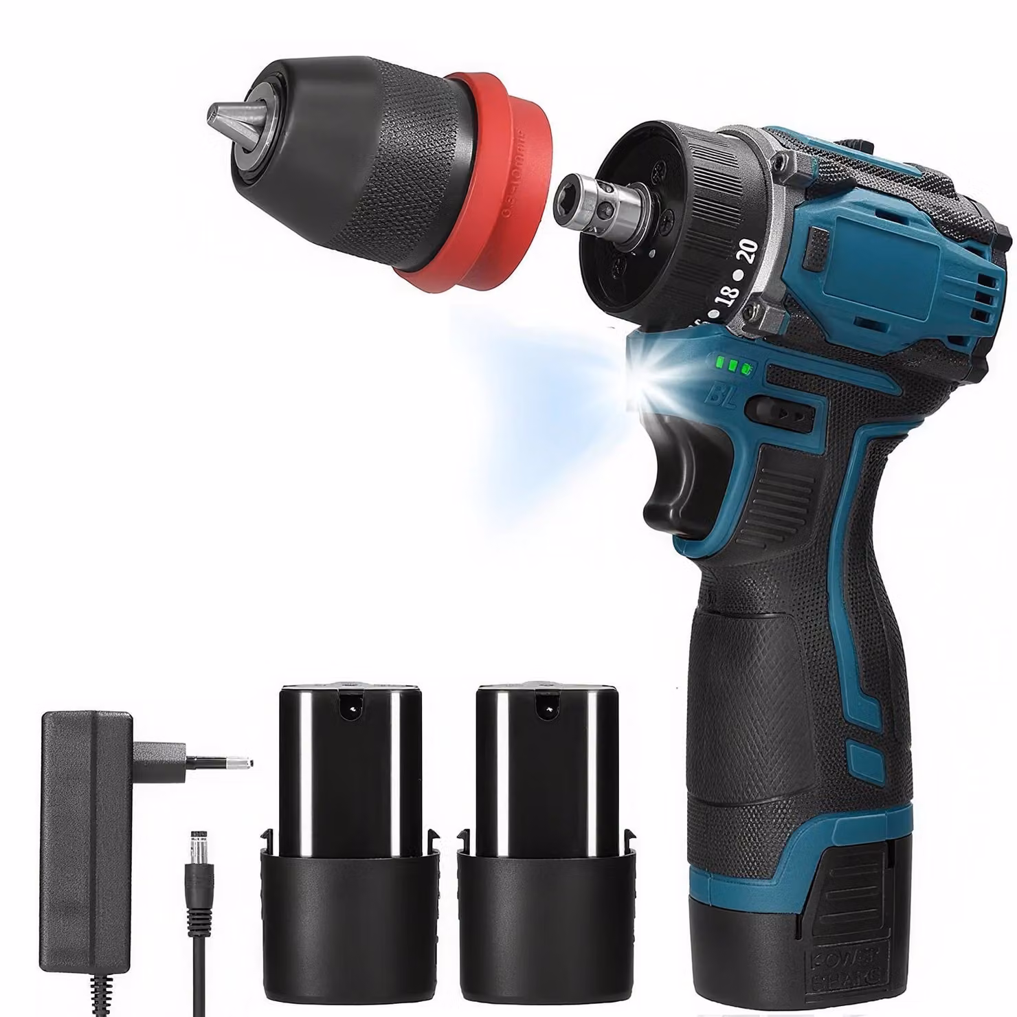 Trapano avvitatore a batteria 2-in-1 - Trapano a percussione - Motore brushless - Coppia di 45 Nm - 2 batterie incluse - Spina di tipo EU
