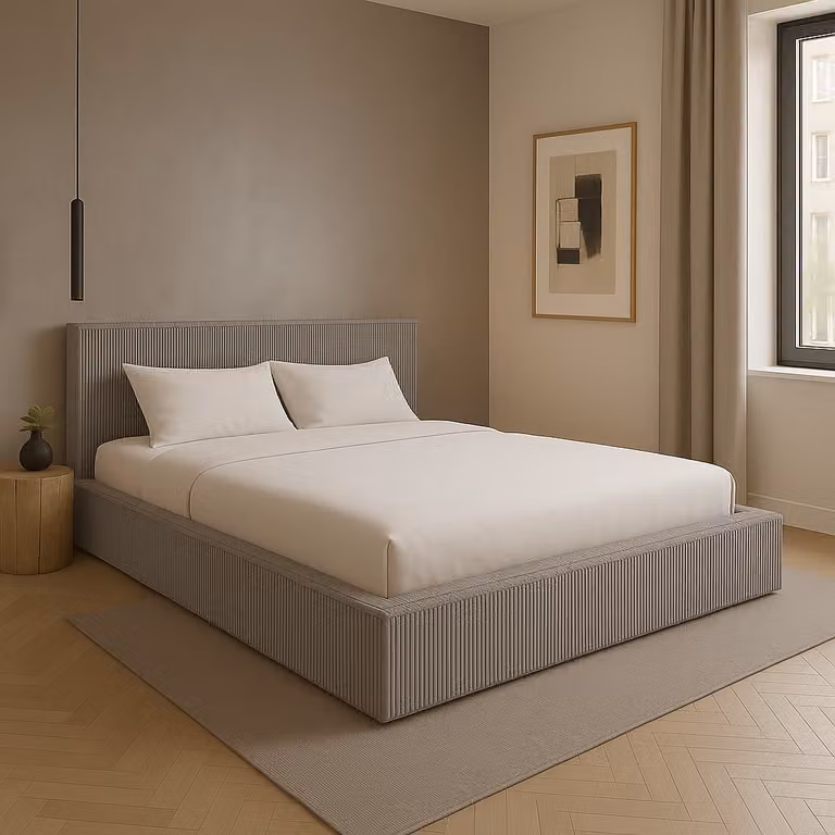 Letto imbottito Sofello Simple, forma moderna, FILO Beige 200x200, realizzato in tessuto di velluto a coste con base a doghe in legno con funzione sollevabile. Design moderno in colori di tendenza, con vano contenitore.