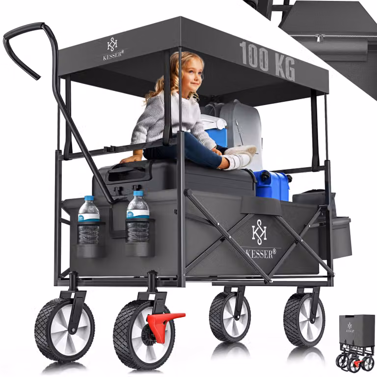 Carrello pieghevole KESSER® con tettuccio | Carrello a mano | Carrello da trasporto | Carrello portaattrezzi | Incl. 2 tasche a rete e 1 tasca esterna | Pieghevole | Pneumatici in gomma piena | Portata fino a 100 kg | Con freno sulla ruota anteriore