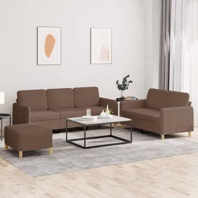 Set di divani moderno vidaXL composto da divano a 3 posti, divano a 2 posti e pouf, colore marrone in tessuto con cuscini inclusi – 1