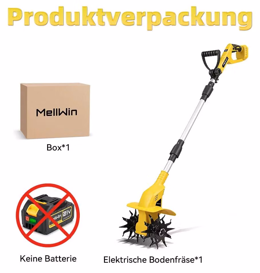 Coltivatore da giardino a batteria - Zappa elettrica - Motore da 1600 W - 1000 giri/min - Larghezza di lavoro 22 cm - Profondità di lavoro 16 cm - Senza batteria