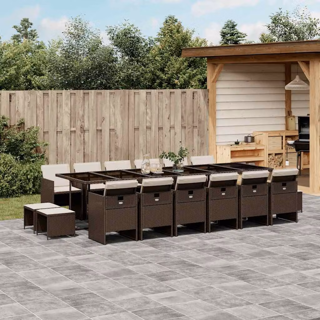 vidaXL Set da Pranzo da Giardino 17 pz in Polyrattan Marrone con Piano in Vetro e Cuscini – 1