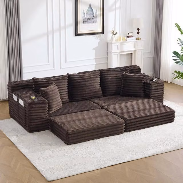 Divano letto in tessuto - Zephmum - Schienale alto, cuscini extra, tasche e porta-bevande, imbottitura morbida, marrone caff¨¨